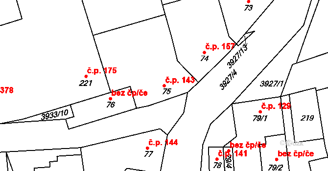 Kryry 143 na parcele st. 75 v KÚ Kryry, Katastrální mapa