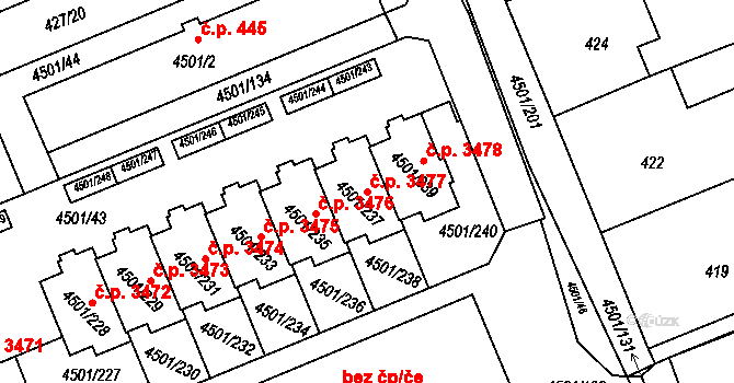 Strašnice 3477, Praha na parcele st. 4501/237 v KÚ Strašnice, Katastrální mapa