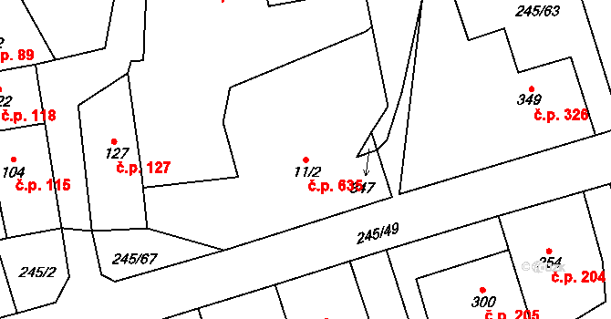 Horoměřice 635 na parcele st. 11/2 v KÚ Horoměřice, Katastrální mapa