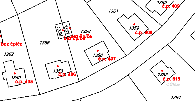 Doksy 407 na parcele st. 1356 v KÚ Doksy u Máchova jezera, Katastrální mapa