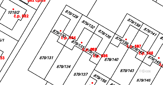 Kosmonosy 685 na parcele st. 879/133 v KÚ Kosmonosy, Katastrální mapa