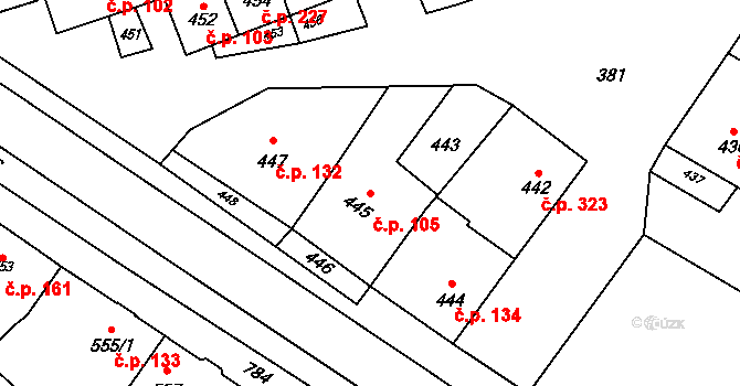 Křelov 105, Křelov-Břuchotín na parcele st. 445 v KÚ Křelov, Katastrální mapa