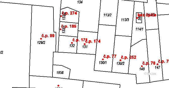 Libochovice 174 na parcele st. 131 v KÚ Libochovice, Katastrální mapa