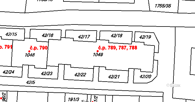 Libochovice 787,788,789 na parcele st. 1049 v KÚ Libochovice, Katastrální mapa