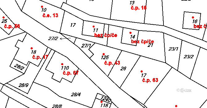 Horská Kamenice 43, Železný Brod na parcele st. 125 v KÚ Horská Kamenice, Katastrální mapa