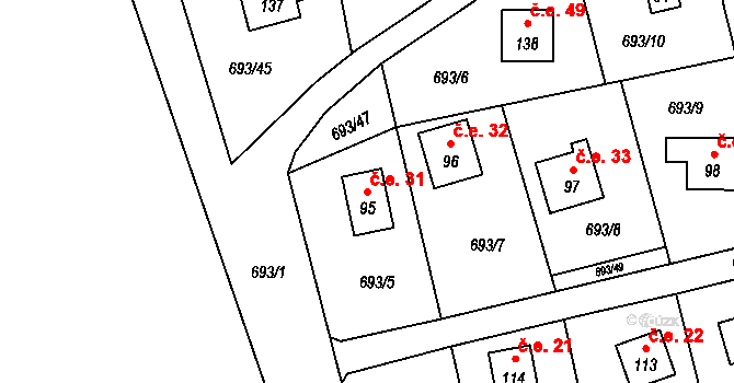 Třeskonice 31, Tuchořice na parcele st. 95 v KÚ Třeskonice, Katastrální mapa