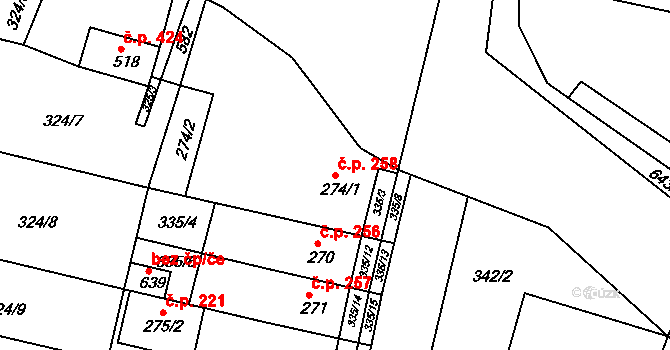 Ledvice 258 na parcele st. 274/1 v KÚ Ledvice, Katastrální mapa