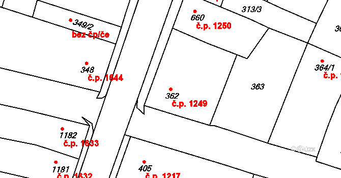 Nový Bydžov 1249 na parcele st. 362 v KÚ Nový Bydžov, Katastrální mapa