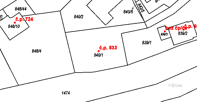 Řeporyje 533, Praha na parcele st. 840/1 v KÚ Řeporyje, Katastrální mapa