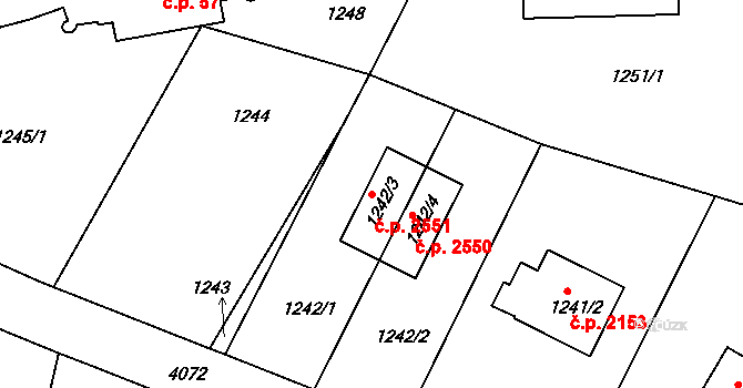 Dejvice 2551, Praha na parcele st. 1242/3 v KÚ Dejvice, Katastrální mapa
