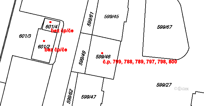 Prosek 788,789,797,798,799,, Praha na parcele st. 599/46 v KÚ Prosek, Katastrální mapa