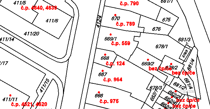 Chomutov 124 na parcele st. 668 v KÚ Chomutov I, Katastrální mapa