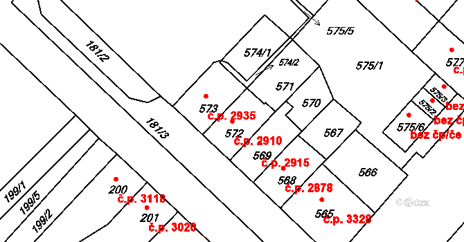 Chomutov 2910 na parcele st. 572 v KÚ Chomutov II, Katastrální mapa