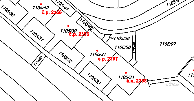 Mizerov 2357, Karviná na parcele st. 1105/37 v KÚ Karviná-město, Katastrální mapa