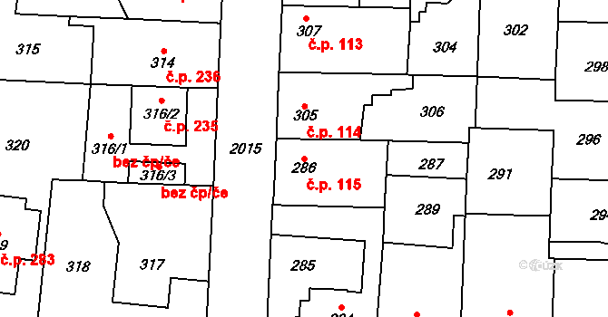 Kbely 115, Praha na parcele st. 286 v KÚ Kbely, Katastrální mapa