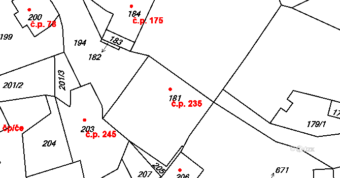 Týnec nad Labem 235 na parcele st. 181 v KÚ Týnec nad Labem, Katastrální mapa