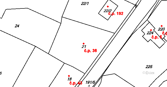 Velíková 36, Zlín na parcele st. 21 v KÚ Velíková, Katastrální mapa