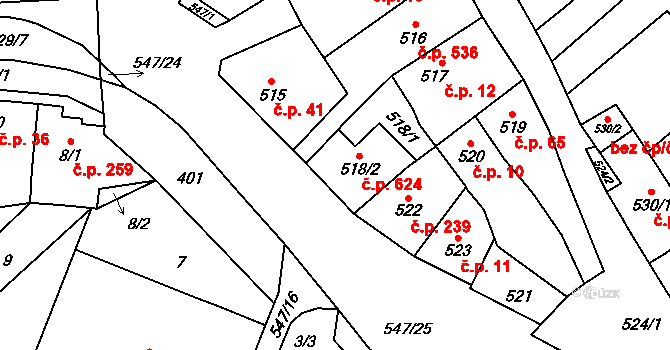 Medlánky 624, Brno na parcele st. 518/2 v KÚ Medlánky, Katastrální mapa