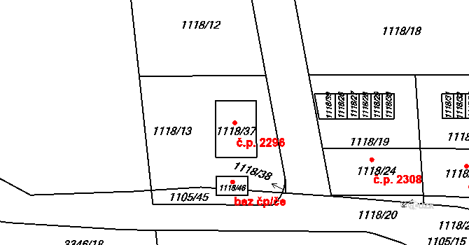 Benešov 2296 na parcele st. 1118/37 v KÚ Benešov u Prahy, Katastrální mapa