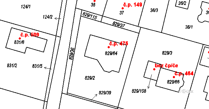 Zruč 475, Zruč-Senec na parcele st. 829/64 v KÚ Zruč, Katastrální mapa