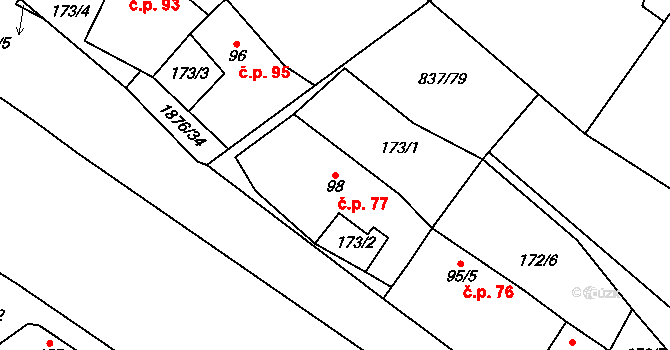 Strážek 77 na parcele st. 98 v KÚ Strážek, Katastrální mapa