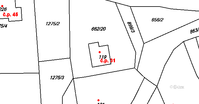Lašovice 31, Kovářov na parcele st. 119 v KÚ Zahořany, Katastrální mapa