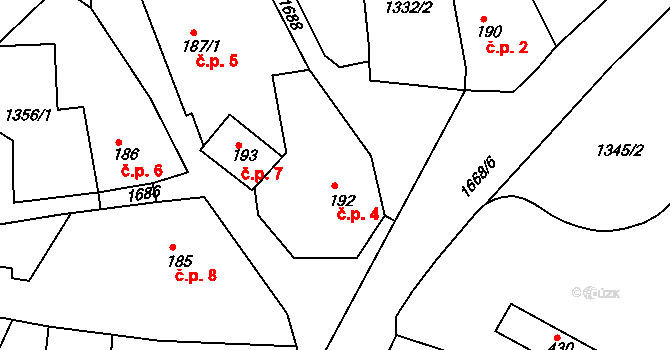 Pec 4 na parcele st. 192 v KÚ Pec, Katastrální mapa