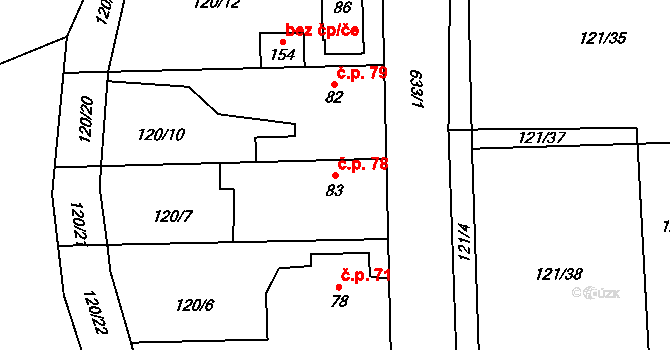 Bohumilice 78 na parcele st. 83 v KÚ Bohumilice v Čechách, Katastrální mapa