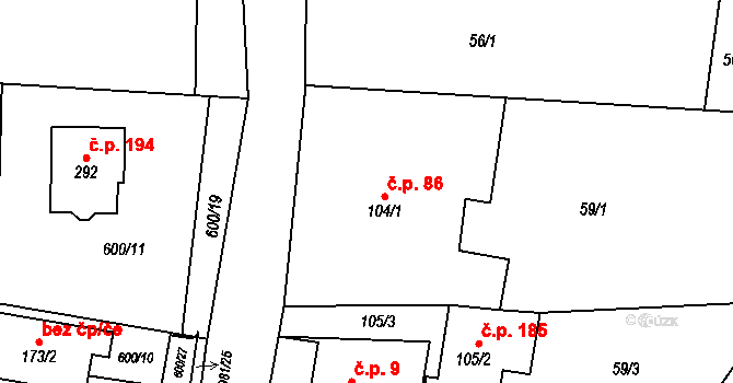 Vlčovice 86, Kopřivnice na parcele st. 104/1 v KÚ Vlčovice, Katastrální mapa