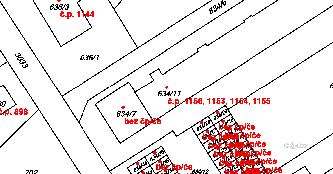 Rychnov nad Kněžnou 1153,1154,1155,1156 na parcele st. 634/11 v KÚ Rychnov nad Kněžnou, Katastrální mapa