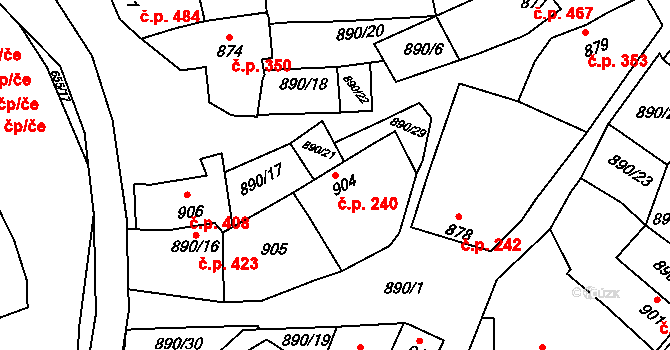 Klobouky u Brna 240 na parcele st. 904 v KÚ Klobouky u Brna, Katastrální mapa