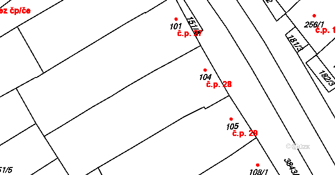 Rakvice 28 na parcele st. 104 v KÚ Rakvice, Katastrální mapa