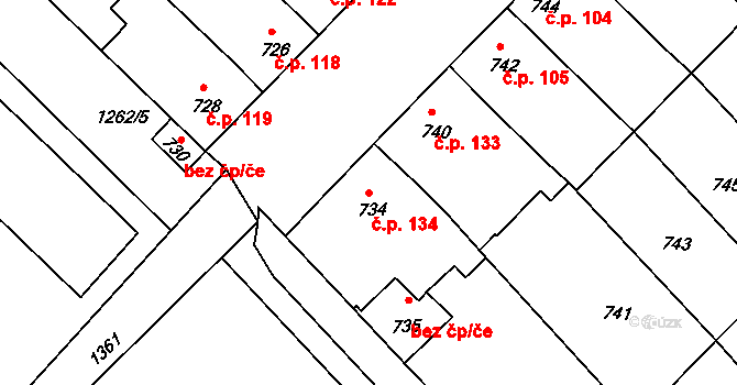 Bedihošť 134 na parcele st. 734 v KÚ Bedihošť, Katastrální mapa