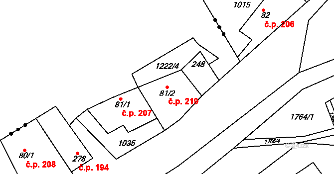 Jevišovice 219 na parcele st. 81/2 v KÚ Jevišovice, Katastrální mapa