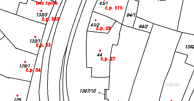 Vranov nad Dyjí 27 na parcele st. 44 v KÚ Vranov nad Dyjí, Katastrální mapa
