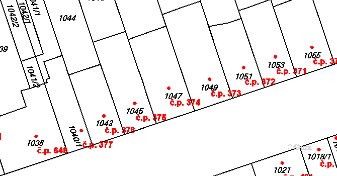 Lužice 374 na parcele st. 1047 v KÚ Lužice u Hodonína, Katastrální mapa