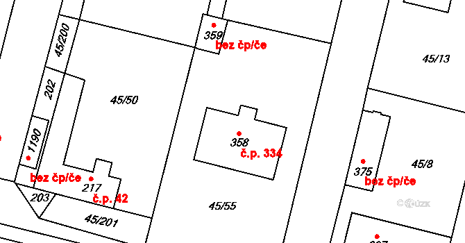 Hovorčovice 334 na parcele st. 358 v KÚ Hovorčovice, Katastrální mapa