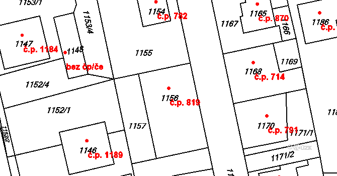 Úvaly 819 na parcele st. 1156 v KÚ Úvaly u Prahy, Katastrální mapa