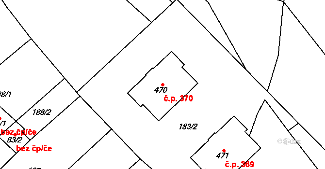 Senice na Hané 370 na parcele st. 470 v KÚ Senice na Hané, Katastrální mapa