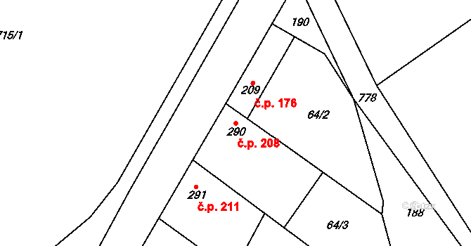Ostroměř 208 na parcele st. 290 v KÚ Ostroměř, Katastrální mapa