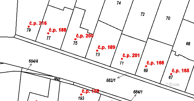 Kostomlaty nad Labem 189 na parcele st. 73 v KÚ Kostomlaty nad Labem, Katastrální mapa