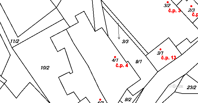 Těškovice 4, Onšov na parcele st. 4/1 v KÚ Těškovice u Onšova, Katastrální mapa