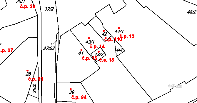 Hudcov 13, Teplice na parcele st. 43/2 v KÚ Hudcov, Katastrální mapa