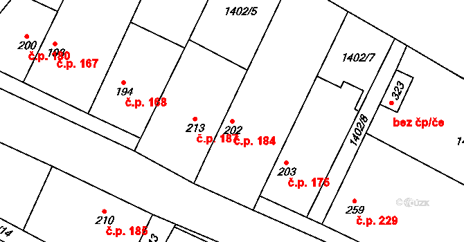 Čečelice 184 na parcele st. 202 v KÚ Čečelice, Katastrální mapa