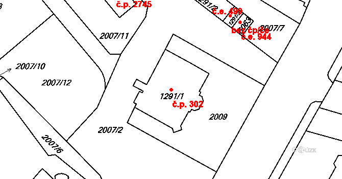 Cheb 302 na parcele st. 1291/1 v KÚ Cheb, Katastrální mapa