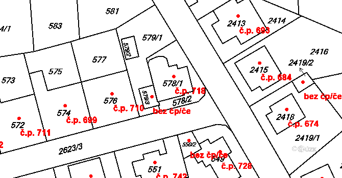 Radotín 718, Praha na parcele st. 578/1 v KÚ Radotín, Katastrální mapa