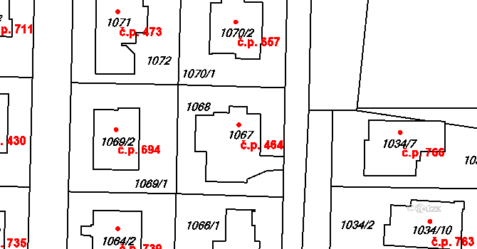 Dolní Chabry 464, Praha na parcele st. 1067 v KÚ Dolní Chabry, Katastrální mapa