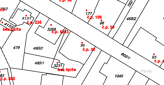 Sezimovo Ústí 36 na parcele st. 95 v KÚ Sezimovo Ústí, Katastrální mapa