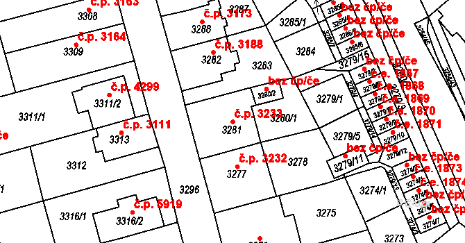 Chomutov 3233 na parcele st. 3281 v KÚ Chomutov I, Katastrální mapa
