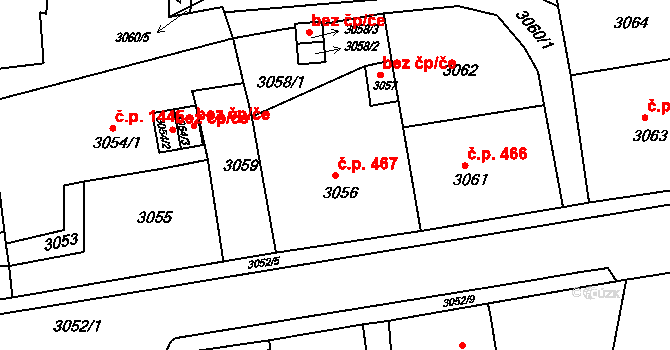 Jirkov 467 na parcele st. 3056 v KÚ Jirkov, Katastrální mapa